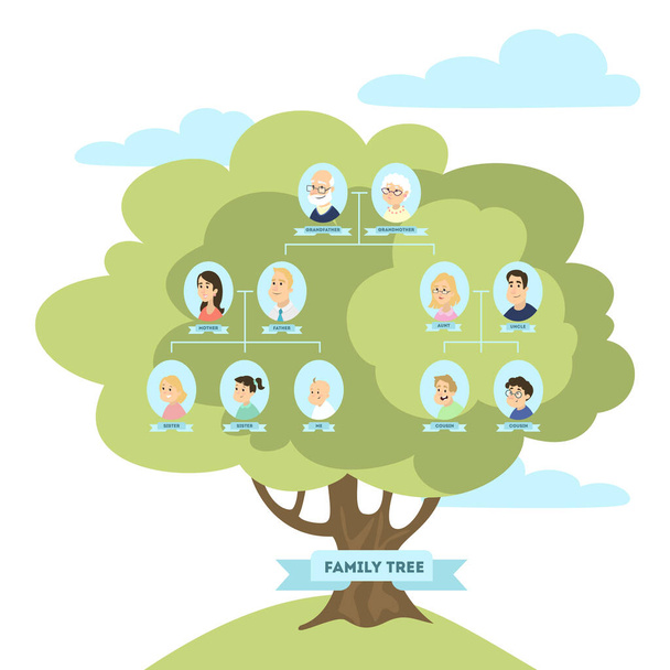 Family genealogic tree. Parents and grandparents, children and cousins. - Vektor, Bild