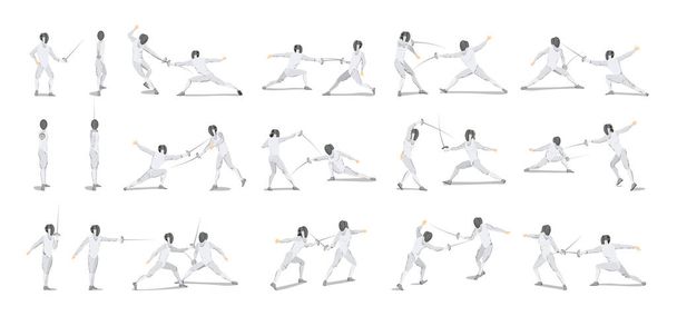 Περίφραξη κινήσεις οριστεί σε άσπρο φόντο. Αθλητές με λευκή στολή με μάσκα και σπαθί. - Διάνυσμα, εικόνα
