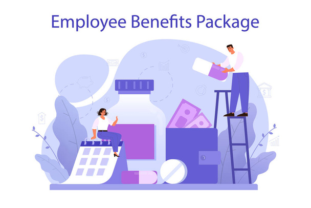 Employee benefits package concept. Compensation supplementing employee's salary. Worker advantages: overtime, medical insurance, vacation and retirement benefits. Flat vector illustration - Vektor, Bild