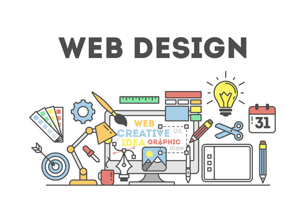 Webdesign-Illustration mit Symbolen. Konzept der Erstellung von Websites, der Erstellung von Logos und mehr. - Vektor, Bild