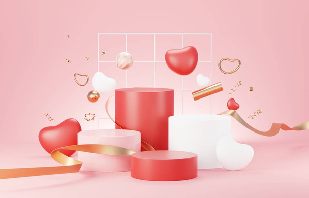 Happy Valentines Day. Minimal sweet love scene with display podium for mock up and product brand presentation. Pink Pedestal stand. Cute lovely heart background. Love day's design style. 3D render. - Fotografie, Obrázek