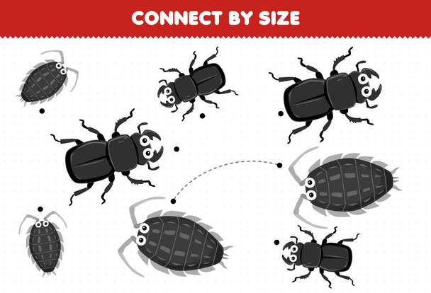 Educational game for kids connect by the size of cute cartoon beetle and louse printable bug worksheet - Vector, Image