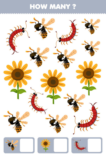 Education game for children searching and counting how many objects of cute cartoon bee sunflower centipede printable bug worksheet - Vektor, obrázek