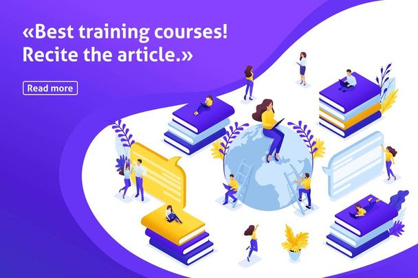 Template design article banner, Isometric concept search for the best e-courses, online learning process. Communication of students and teachers via the Internet. - Vector, Image
