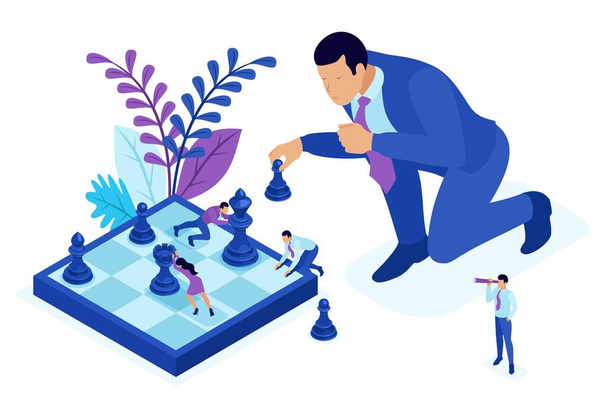 Isometric Bright concept big business makes an informed decision, chess game, growth strategy. Concept for web. - Vector, Image