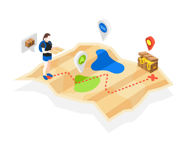 Treasure quest isometric composition with folding paper map location signs and human character with thought bubble vector illustration - Διάνυσμα, εικόνα