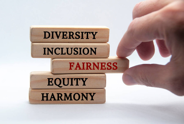 Diversity, inclusion, fairness, equity and harmony text on wooden blocks with white background. Diversity concept. - Foto, Imagen