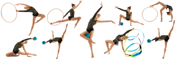 Набор динамических портретов профессиональной женской художественной гимнастки в движении, действие изолировано на белом фоне. Коллаж. Концепция действия, движения, спортивной жизни, соревнования. Баннер, флаер - Фото, изображение