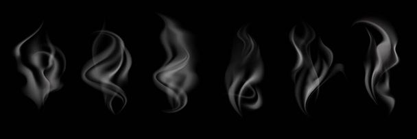 Black horizontal background with isolated steam or smoke abstract shapes realistic vector illustration - Vetor, Imagem