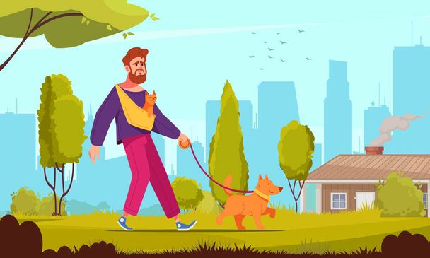 Pet service cartoon poster with man walking dog in park vector illustration - Vektör, Görsel