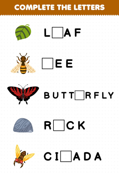 Education game for children complete the letters from cute cartoon leaf bee butterfly rock cicada printable bug worksheet - Vektör, Görsel