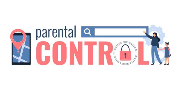 Parental control flat composition of text icons of lock smartphone search bar with mother and daughter vector illustration - Wektor, obraz