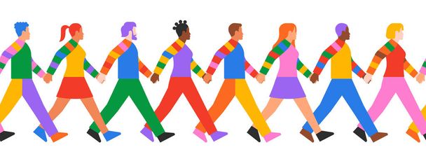 Colorful people group walking together holding hands seamless pattern. Modern flat cartoon illustration of diverse young character team for friendship, diversity or community culture concept. - Vector, Imagen