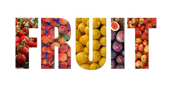 Colorful ripe fruit inside text on white backround - Fotografie, Obrázek
