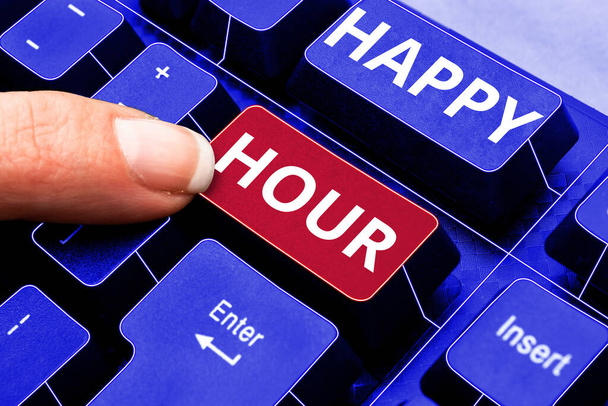 Sign displaying Happy Hour, Business showcase Spending time for activities that makes you relax for a while - Foto, Imagem