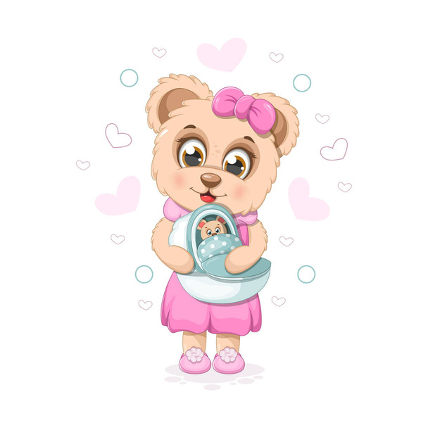 Cute cartoon bear with little bear and baby carrier - Vector, imagen