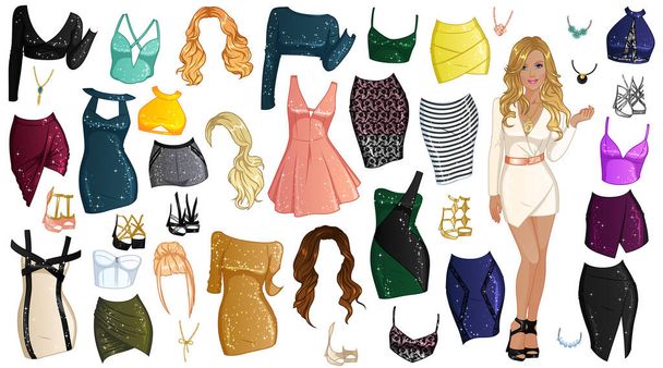 Girls Night Out Paper Doll with Beautiful Lady, Outfits, Hairstyles and Accessories. Vector Illustration - Vettoriali, immagini