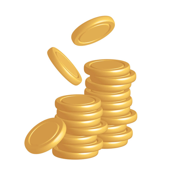 gold coins falling 3d realistic money vector cash icon with shadows isolated on white, accumulation bank concept. - Wektor, obraz