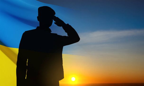 Flag of Ukraine with silhouette of soldier against the sunset. Armed forces of Ukraine concept. EPS10 vector - Vector, afbeelding