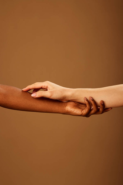 Cropped picture of a multicultural girls touching each other hands. - Photo, Image