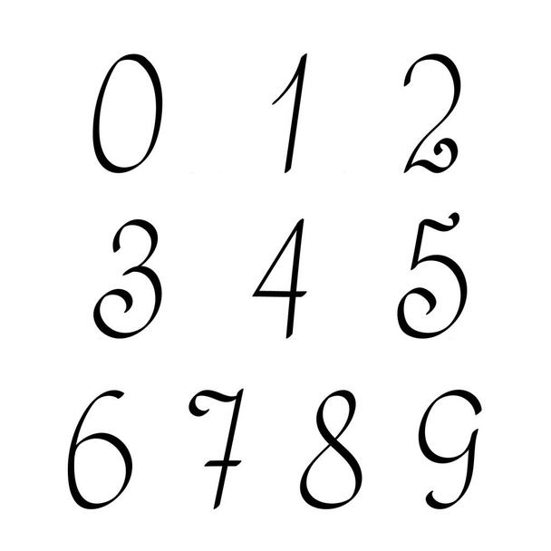 アルファベットの一部としての数字単純な黒の線形ベクトル図、書道abc 、かわいい面白い装飾手書き、手書き数字、数学記号 - ベクター画像