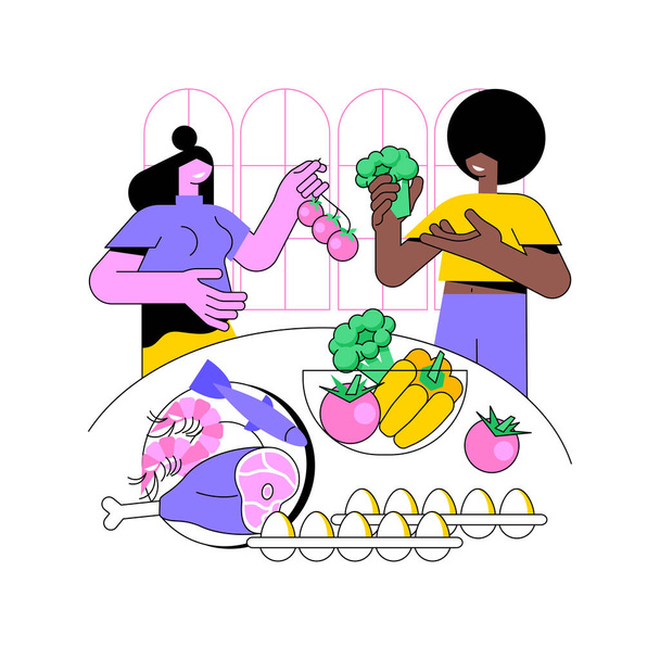 Paleo dieet geïsoleerde cartoon vector illustraties. Vrolijke vrienden praten en koken samen, mensen op een paleo dieet, gezonde voeding, verzadigd vet en eiwit voedsel vector cartoon. - Vector, afbeelding