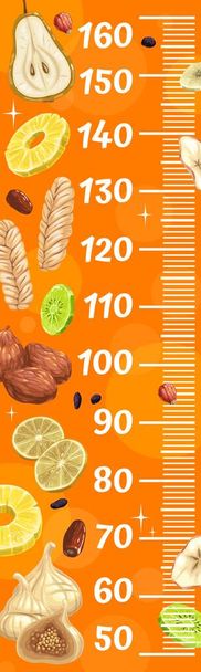 Dried fruits kids height chart. Vector growth meter, wall sticker for children height measurement with cartoon pear, pineapple, rinse and melon. Lemon slice, apricot, dates or rosehip and ruler scale - Vecteur, image