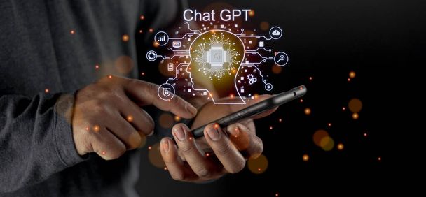 Businessman holding light icon GPT intelligence Ai.Chat GPT Chat with AI Artificial Intelligence, chat generate. Futuristic technology, robot in online system. - Photo, Image