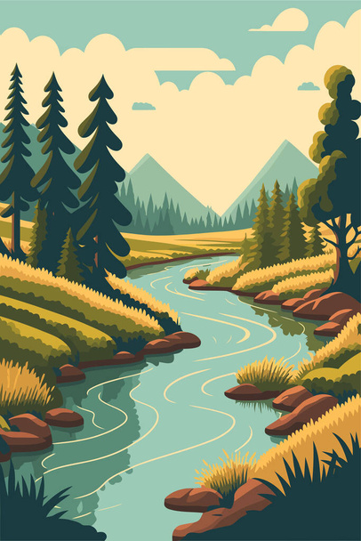 river flow with forrest mountain background view landscape flat color vector illustration - Vektor, obrázek