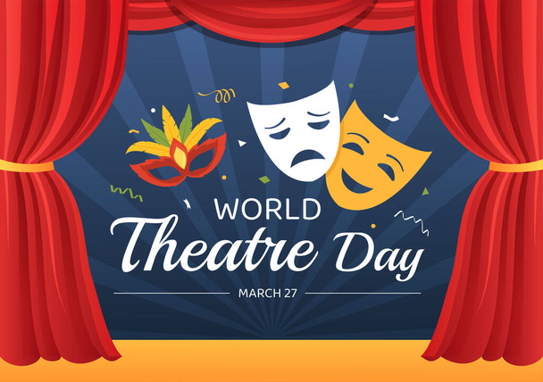 Всесвітній день театру 27 березня Ілюстрація з масками і Святкування театру веб-знамена або посадки сторінки в Flat Cartoon Hand Drawn Templates - Вектор, зображення