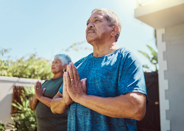 Fitness, yoga and senior couple exercise for wellness, zen and relax in a garden, peace and calm. Health, workout and elderly man with woman in a yard for training, meditation and cardio in Mexico. - Φωτογραφία, εικόνα