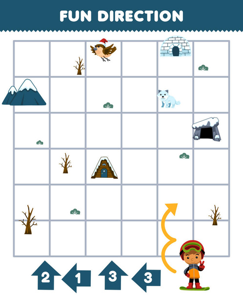 Education game for children fun direction help boy with snowboard move according to the numbers on the arrows printable winter worksheet - Διάνυσμα, εικόνα
