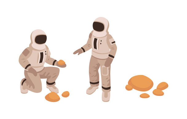Mars colonization isometric concept with astronauts exploring planet 3d vector illustration - Vector, Image