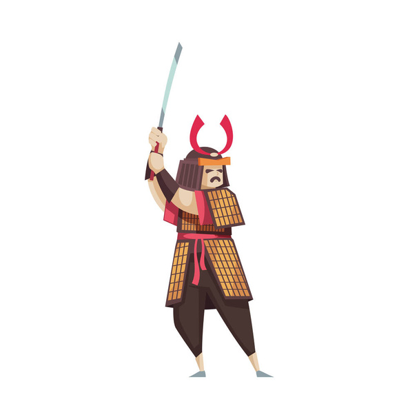 Ancient japanese samurai with katana flat vector illustration - Wektor, obraz