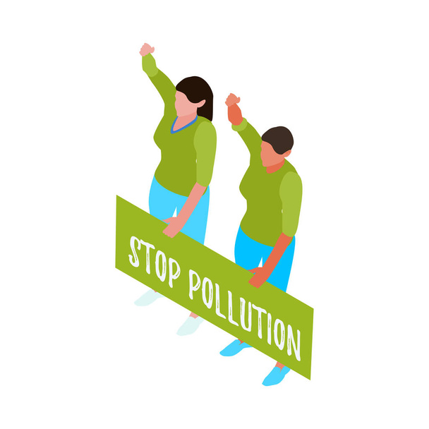 Isometric environmental eco activists protesting with placard stop pollution 3d vector illustration - Vettoriali, immagini