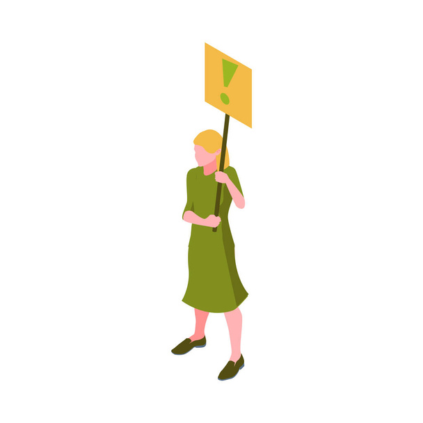 Isometric female eco acvitist in green dress with placard on demonstration 3d vector illustration - Vetor, Imagem