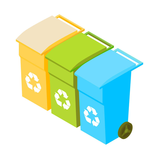 Three colorful garbage containers for rubbish sorting 3d isometric vector illustration - Vecteur, image