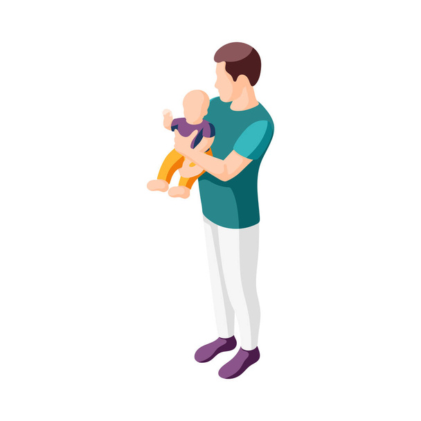 Father on maternity leave isometric icon with dad holding baby in arms vector illustration - Vector, Imagen