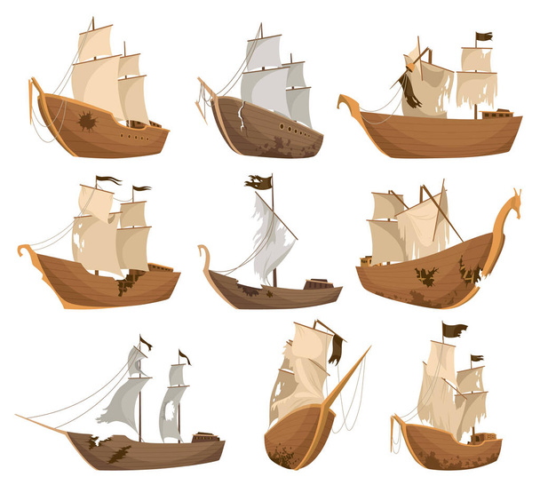 Broken ships icons set. Cartoon wooden battered ships with tattered flag and sails after wreck or attack. Destroyed, wreck ship isolated on white background. - Vektör, Görsel