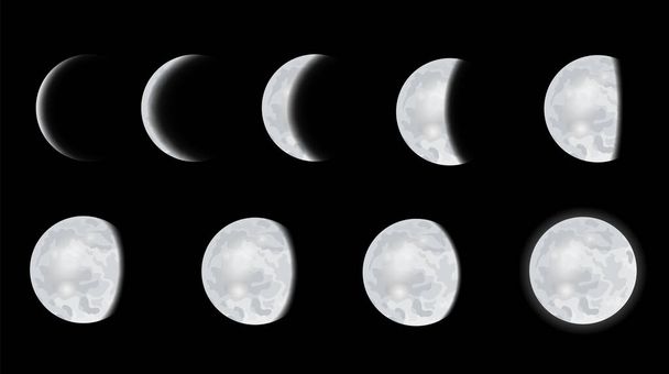 Lunar phase icon set. Whole cycle from new moon to full moon. Lunar eclipse stage. Round shaped celestial collection. Hand drawn vector illustration. - Vektor, kép