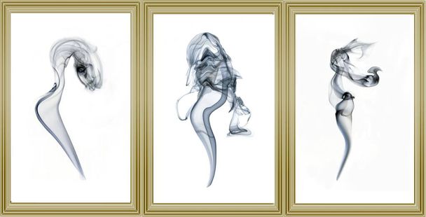 жіночий триптих з золотими рамами з 3 фотографіями диму з жіночими формами з білим тлом. - Фото, зображення