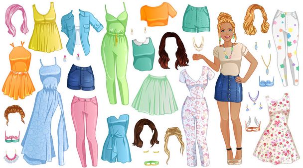 Spring Time Paper Doll with Beautiful Lady, Outfits, Hairstyles and Accessories. Vector Illustration - Vettoriali, immagini