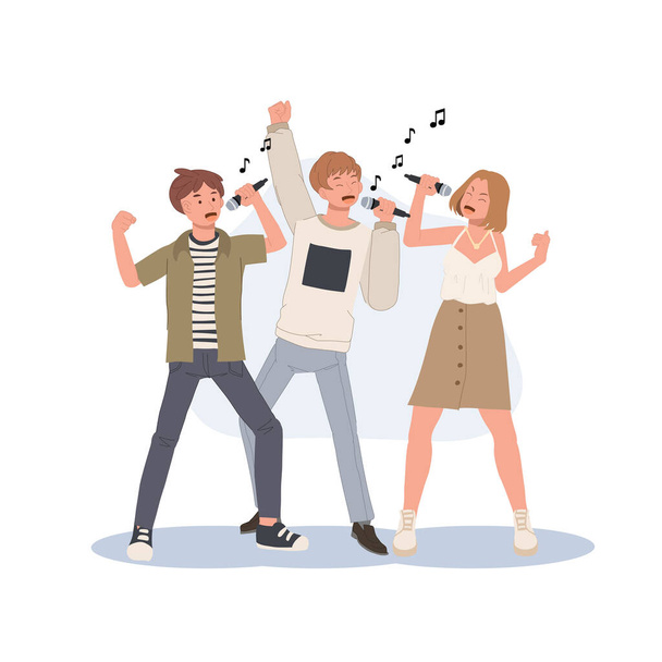 Group of people singing sing karaoke and enjoying time together having fun. Music lover, melody, song, hobby. - Vecteur, image