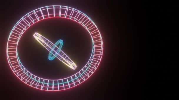 Magic circles of glowing material rotate in space and change colors, on the right space for placing your own text, subtitles, satisfying animation on black background. Animation in 4k resolution - Filmati, video