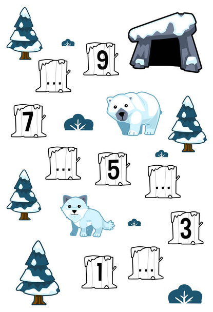 Education game for complete the sequence of number with cute cartoon arctic fox polar bear and den picture printable winter worksheet - Vektori, kuva
