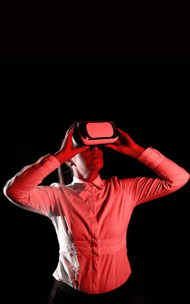 Woman Wearing Vr Glasses And Looking On Important Messages. - Photo, image