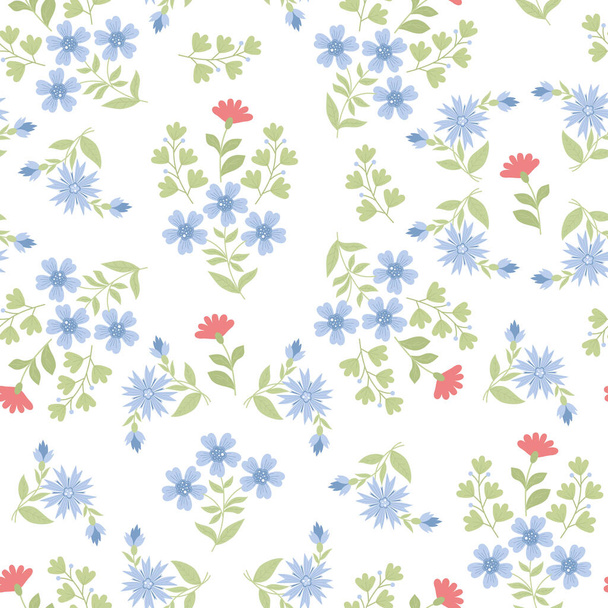 Floral seamless pattern. Scattered flowers, cornflower, plant branches and leaves on white background. Vector illustration in flat style - Vektori, kuva