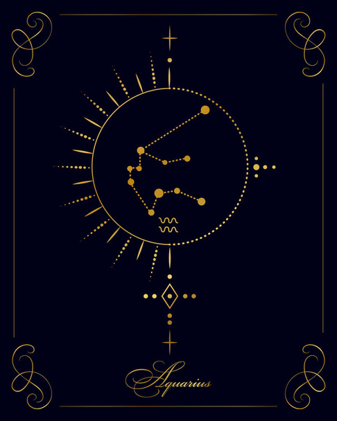 Magic astrology poster with Aquarius constellation, tarot card. Golden design on a black background. Vertical illustration, vector - Vektör, Görsel