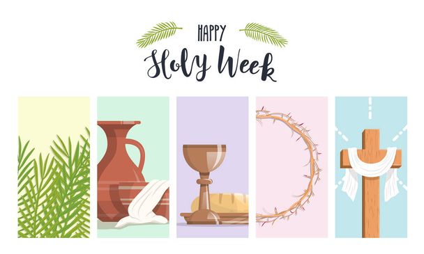 Holy Week banner with palm branches, the washing of the feet, the last supper, crown of thorns and the cross - Vector, afbeelding