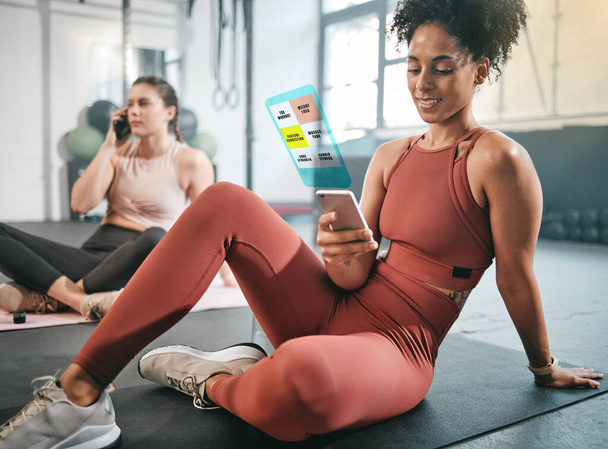 Fitness, phone or black woman on social media at gym relaxing on a break after workout. Girl, overlay or healthy sports athlete resting, scrolling on app after training with alert or notification. - Foto, afbeelding